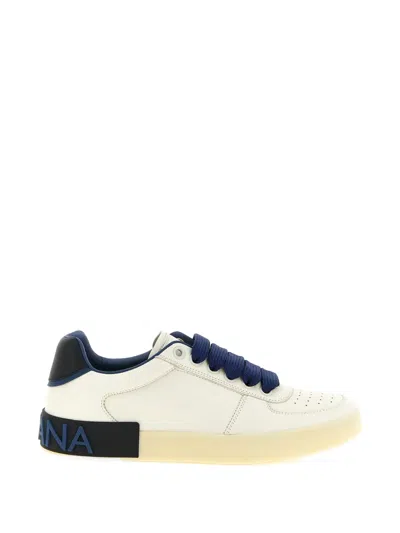 Dolce & Gabbana Portofino Custom Blue Low Top Sneakers With Contrasting Heel With Logo Lettering In Leather Man In White