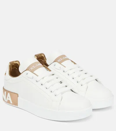 Dolce & Gabbana White & Gold Calfskin Portofino Sneakers