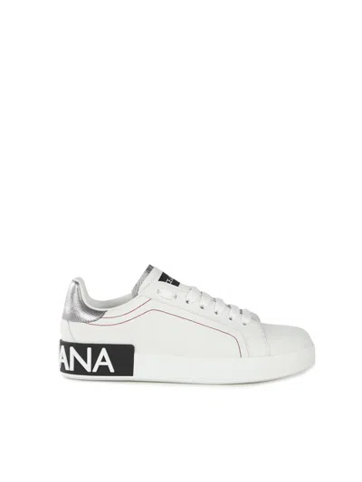 Dolce & Gabbana Portofino Leather Sneakers With Contrasting Inserts In Bianco