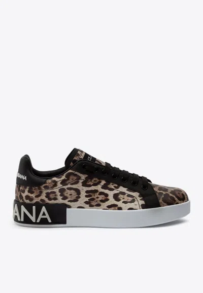 Dolce & Gabbana Portofino Leopard Print Leather Low-top Trainers In Brown