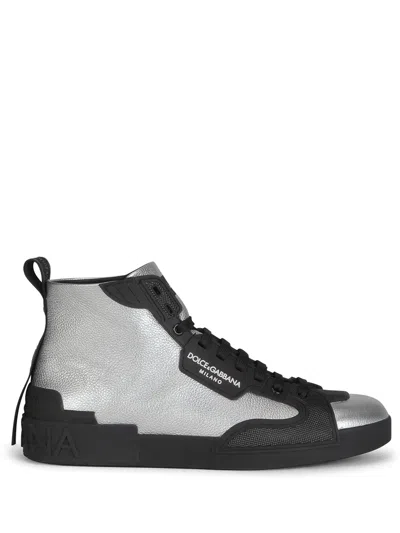 Dolce & Gabbana Tumbled Lamé Calfskin And Rubber Portofino Light High-top Sneakers In Black/silver