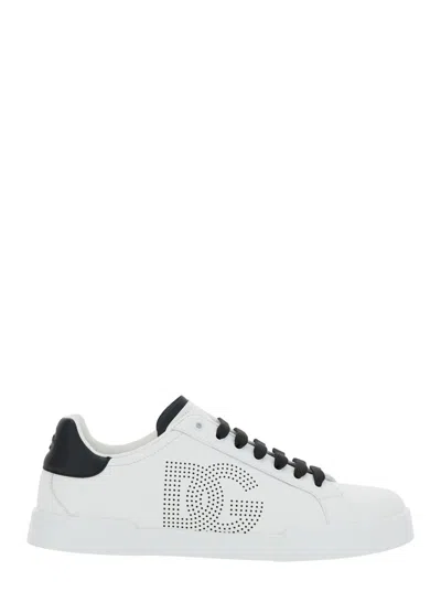 DOLCE & GABBANA 'PORTOFINO LIGHT' WHITE LOW TOP SNEAKERS WITH PERFORATED LOGO ON THE SIDE AND CONTRASTING LACES IN L