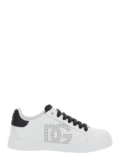 Dolce & Gabbana Portofino Light White Sneakers With Perforated Logo On The Side And Logo Patch On The Tongue In Leat