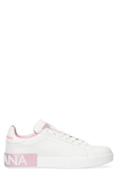 Dolce & Gabbana Portofino Logo Detail Leather Sneakers In Bianco/rosa
