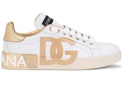 Pre-owned Dolce & Gabbana Portofino Logo Metallic (women's) Sneakers In White/gold In Multi