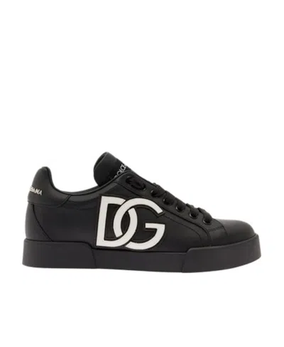 Dolce & Gabbana 'portofino' Black Sneakers With Logo Patch In Leather Woman