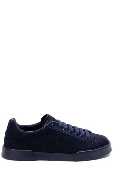 Dolce & Gabbana Portofino Logo Perforated Sneakers In Blue