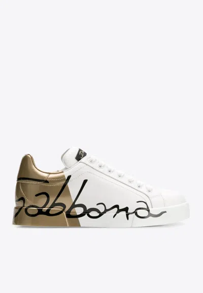 Dolce & Gabbana Portofino Logo Print Leather Sneakers In White