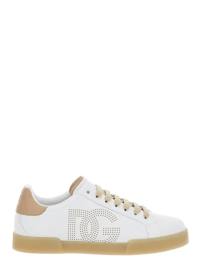 DOLCE & GABBANA PORTOFINO WHITE LOW TOP SNEAKERS WITH PERFORATED LOGO IN LEATHER MAN