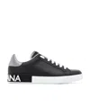 Dolce & Gabbana Portofino Sneakers In Black Leather With Silver Inserts In Black