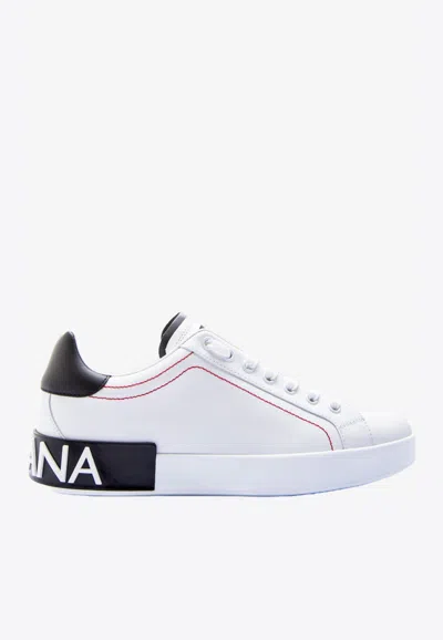Dolce & Gabbana Portofino White Low Top Sneakers With Patch Logo And Red Stitching In Smooth Leather Man