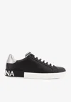Dolce & Gabbana Men 'portofino' Black Low Top Sneakers With Metal Heel Tab And Logo Patch In Leather In Animal Print