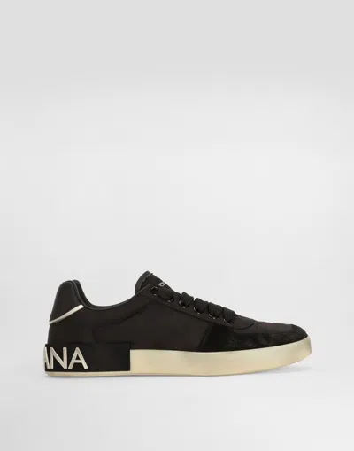 Dolce & Gabbana Portofino Nylon And Split Calfskin Sneakers In Black