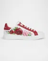 Dolce & Gabbana Portofino Painted Flower Leather Sneakers In Ha5pd B Rose Antiche F Bianco