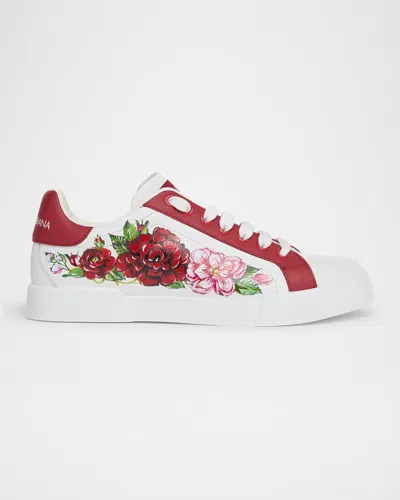 Dolce & Gabbana Portofino Painted Flower Leather Trainers In White