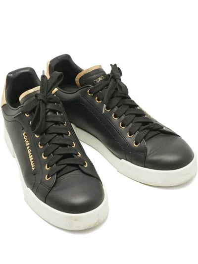 Pre-owned Dolce & Gabbana Portofino Pearl-embellished Sneakers In Black