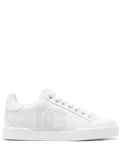Dolce & Gabbana Women Portofino Low-top Leather Sneakers With Lateral Monogram In White
