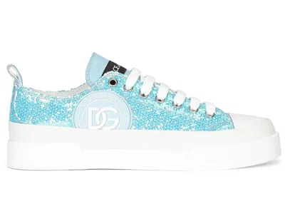 Pre-owned Dolce & Gabbana Portofino Sequin (women's) Sneakers In Turquoise/white In Multi