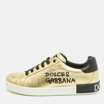 Pre-owned Dolce & Gabbana Portofino Size 36 Gold/black Leather Low Top Sneakers