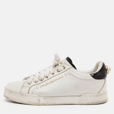 Pre-owned Dolce & Gabbana Portofino Size 36 White/black Leather Logo Pearl Embellished Low Top Sneakers