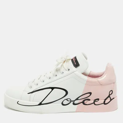 Pre-owned Dolce & Gabbana Portofino Size 36 White/pink Leather And Patent Lace Up Sneakers