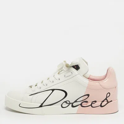 Pre-owned Dolce & Gabbana Portofino Size 37 White/pink Leather Lace Up Sneakers
