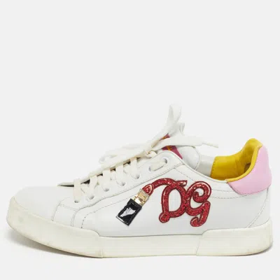 Pre-owned Dolce & Gabbana Portofino Size 37 White/pink Leather Lace Up Sneakers