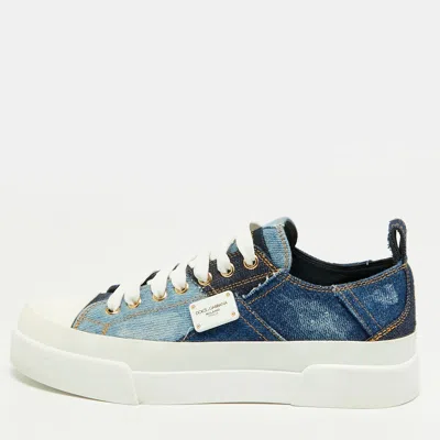Pre-owned Dolce & Gabbana Portofino Size 38 Blue Denim Patchwork Low Top Sneakers
