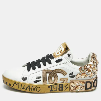 Pre-owned Dolce & Gabbana Portofino Size 38 White/gold Leather Crystal Embellished Lace Up Sneakers