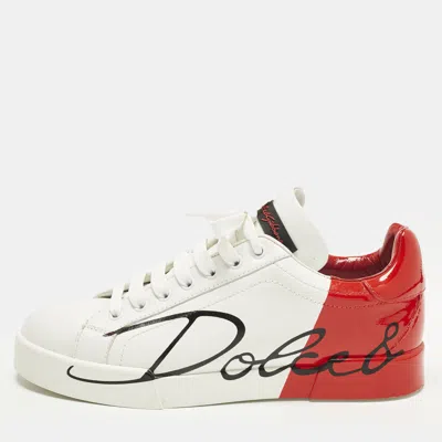 Pre-owned Dolce & Gabbana Portofino Size 38 White/red Leather Low Top Sneakers