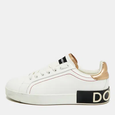 Pre-owned Dolce & Gabbana Portofino Size 38.5 White/gold Leather Lace Up Sneakers