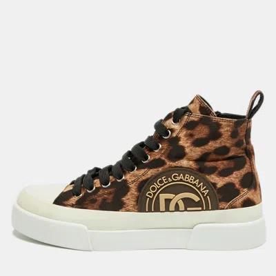 Pre-owned Dolce & Gabbana Portofino Size 39 Brown Leopard Print Canvas High Top Sneakers