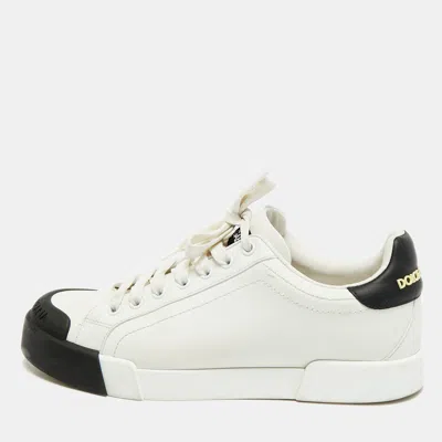 Pre-owned Dolce & Gabbana Portofino Size 39 White/black Leather Lace Up Sneakers