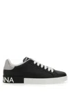 Dolce & Gabbana Portofino Sneakers In Black Leather With Silver Inserts In Black
