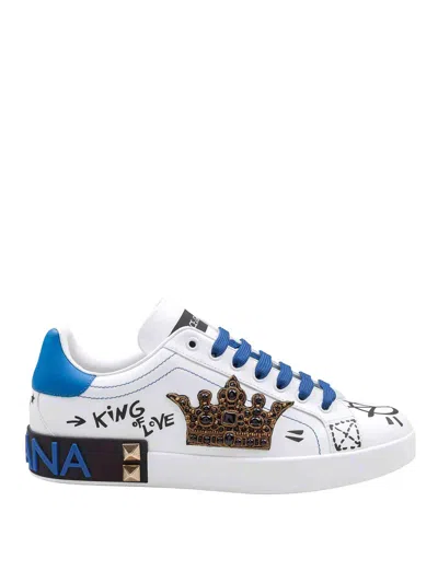Dolce & Gabbana Portofino Sneakers In Nappa Leather With Graffiti In White