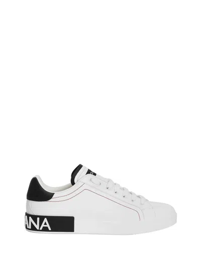 Dolce & Gabbana Portofino White Low Top Sneakers With Patch Logo And Red Stitching In Smooth Leather Man