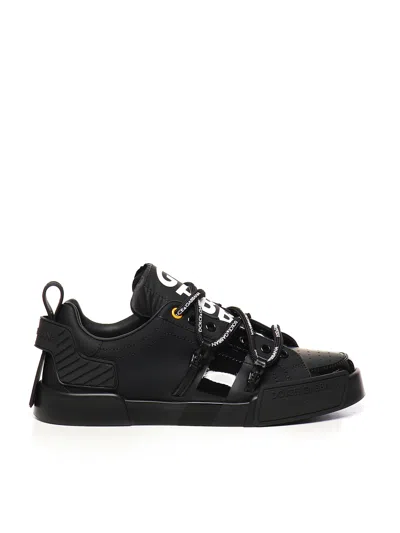 Dolce & Gabbana Portofino Sneaker In Calfskin And Patent Leather In Black