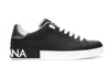 Dolce & Gabbana Portofino Sneakers In Black Leather With Silver Inserts In Black