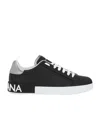 Dolce & Gabbana Portofino Sneakers In Black Leather With Silver Inserts In Black