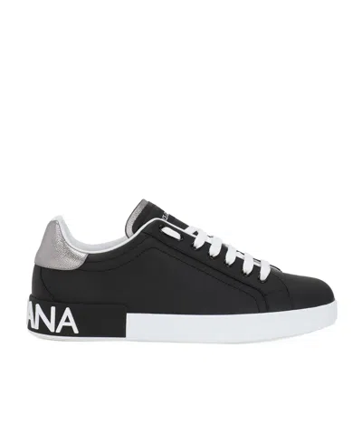 Dolce & Gabbana Portofino Sneakers In Black Leather With Silver Inserts Dolce E Gabbana