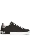 Dolce & Gabbana Portofino Sneakers In Black Leather With Silver Inserts In Black