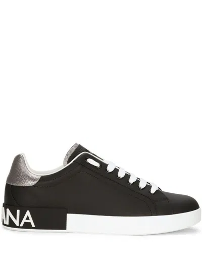 Dolce & Gabbana Portofino Trainers In Black Leather With Silver Inserts