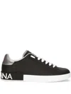 Dolce & Gabbana Portofino Black Low Top Sneakers With Metal Heel Tab And Logo Patch In Leather Man