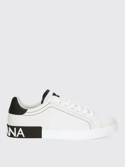 Dolce & Gabbana Portofino White Low Top Sneakers With Patch Logo And Red Stitching In Smooth Leather Man