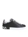 Dolce & Gabbana Portofino Sneakers In Black Leather With Silver Inserts In Black