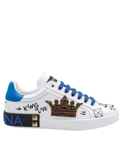 Dolce & Gabbana Portofino Sneakers In Nappa Leather With Graffiti In White