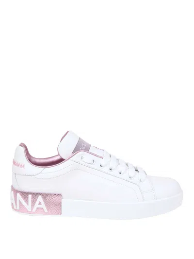 Dolce & Gabbana Portofino Leather Sneakers In White And Pink In Multi