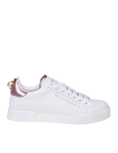 Dolce & Gabbana Portofino Sneakers In White Leather With Logo Pearl In White/pink