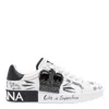 Dolce & Gabbana White Low Top Sneakers With Logo Patch On The Tongue And All-over Print In Multicolour
