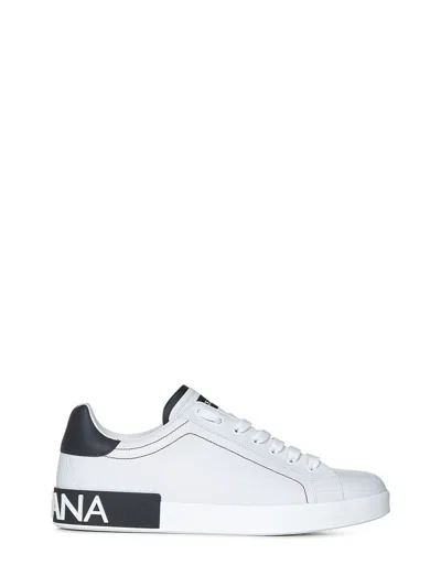 Dolce & Gabbana Portofino White Low Top Sneakers With Patch Logo And Red Stitching In Smooth Leather Man